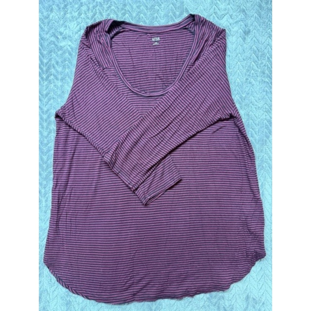 a.n.a Women XL Burgundy Navy Blue Striped Long Sleeve Scoop Neck Top 0621